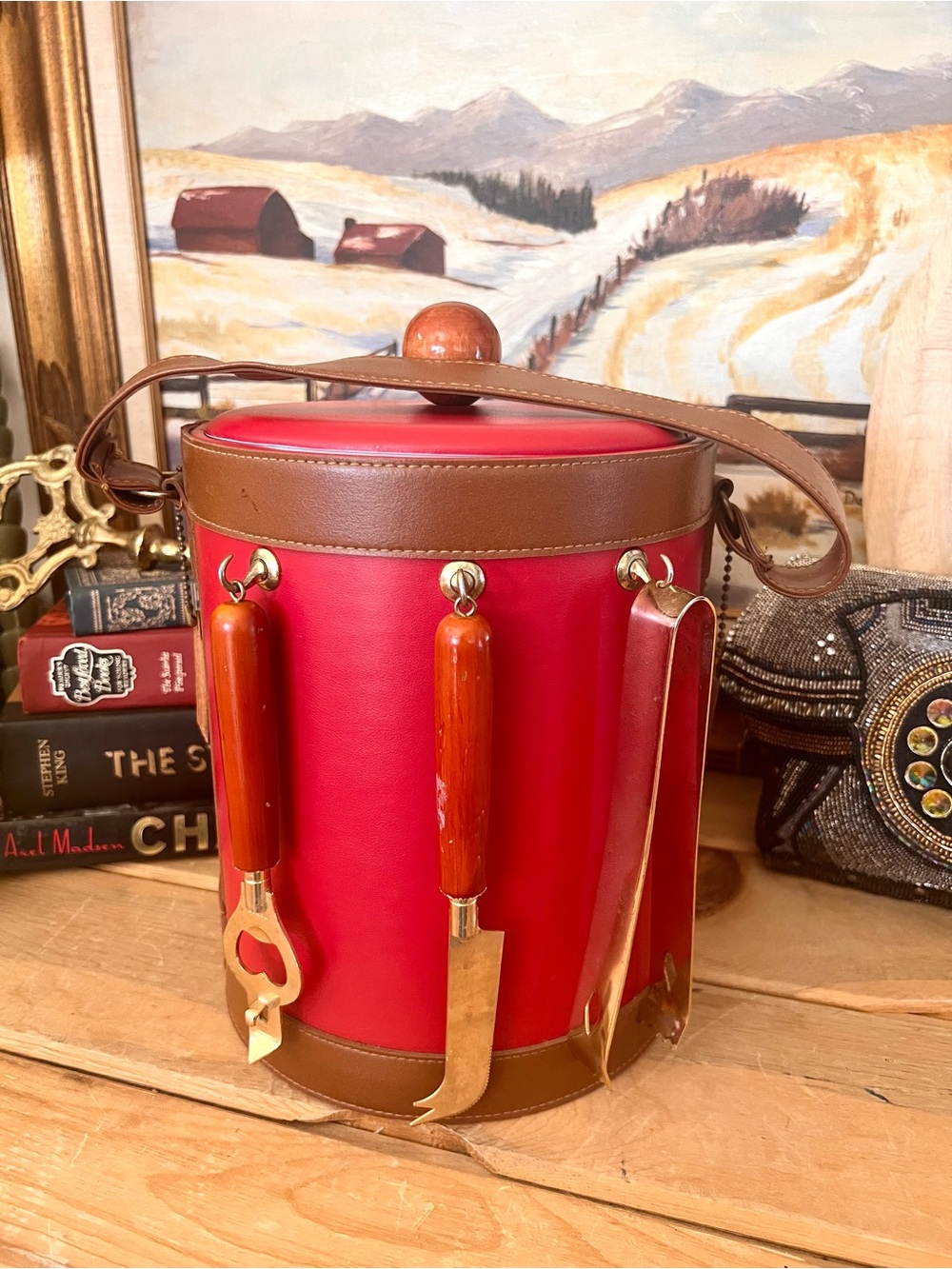 Vintage Mid Century MOD Goerges Briard RARE Red Faux Leather Ice Bucket & Tools